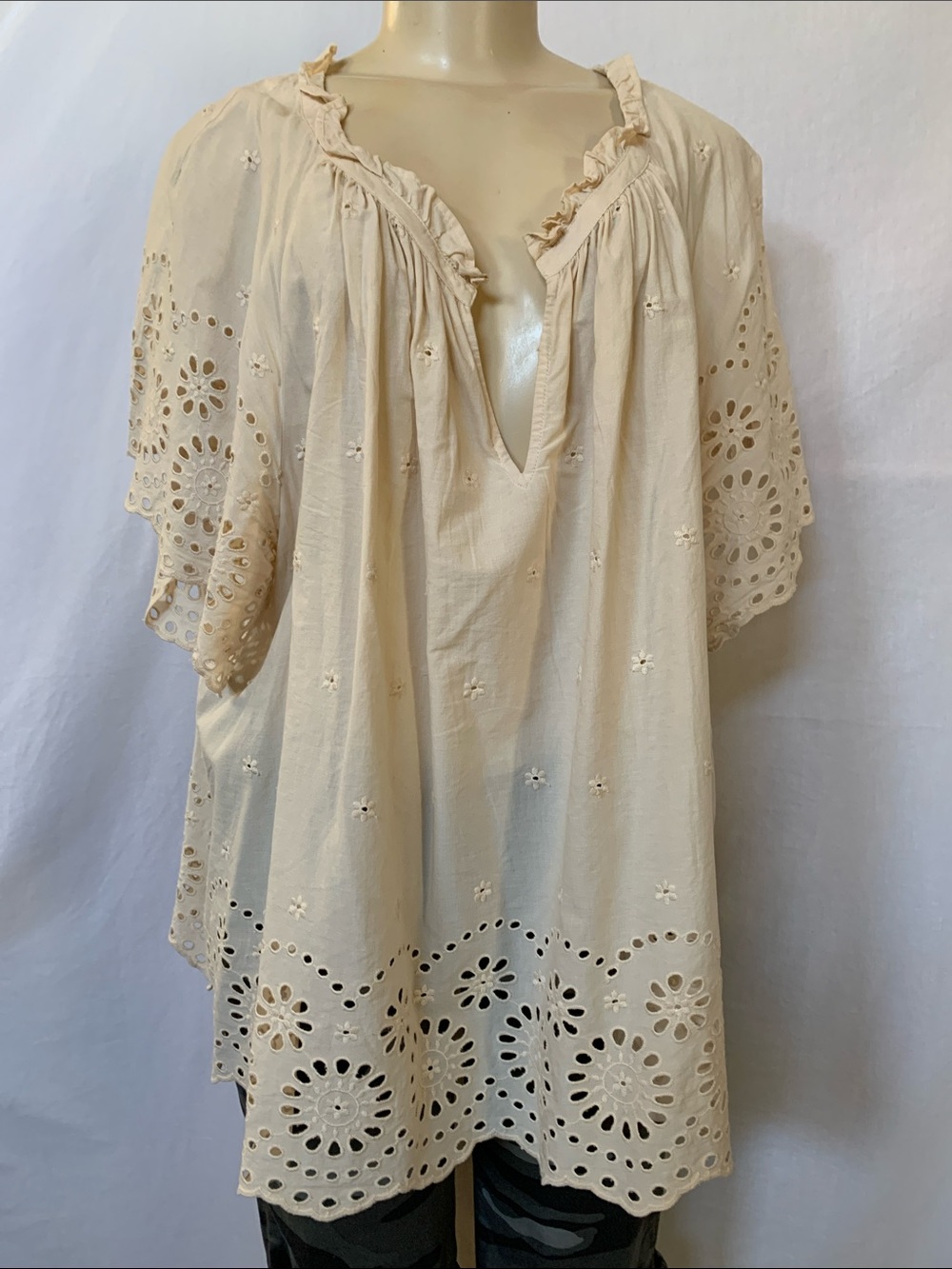 LANE BRYANT Women’s Plus Size 26/28 Scalloped Eyelet Peasant Tunic - Cream NWOT